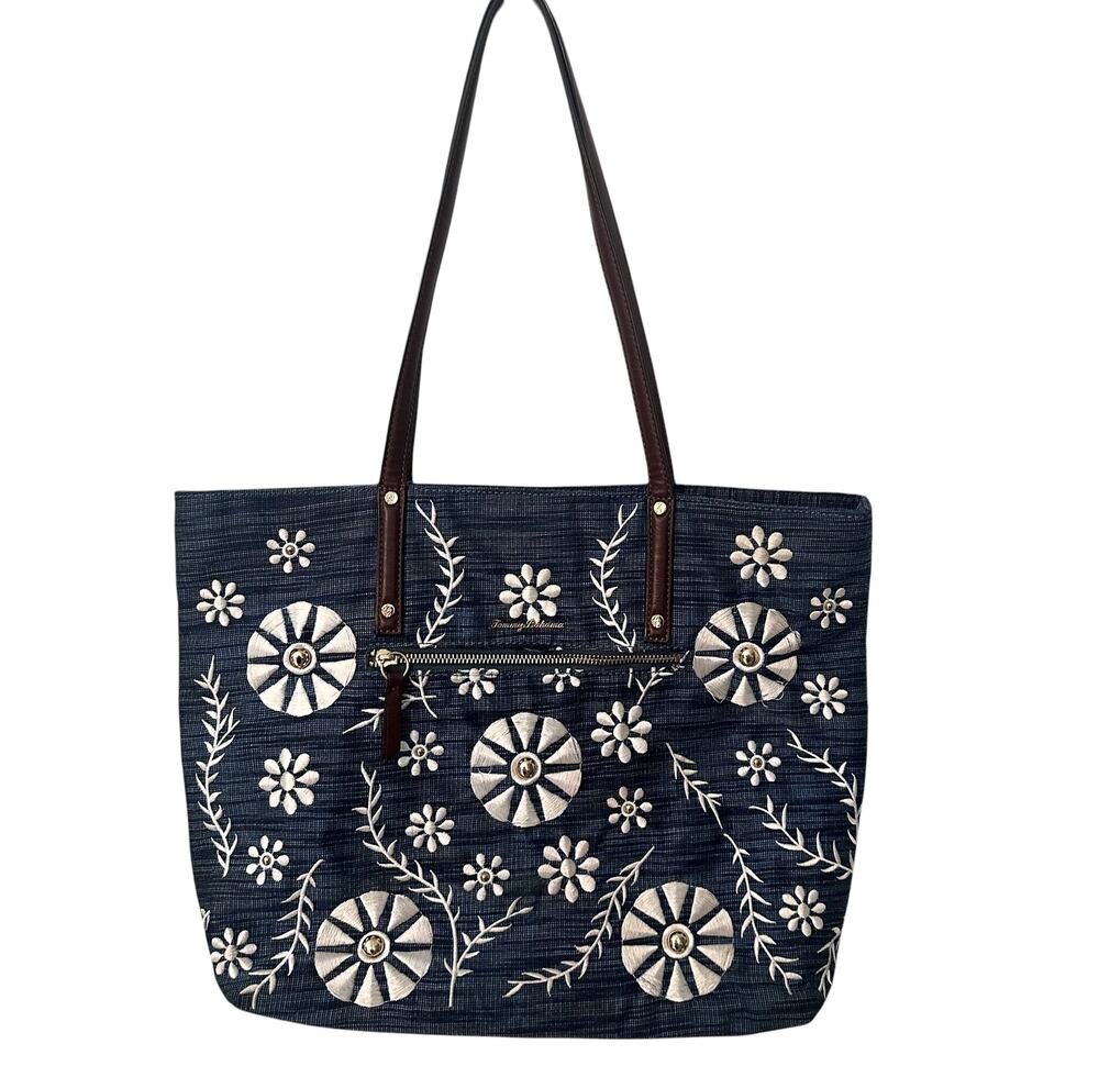 Tommy Bahama Floral Embroidered Tote Blue Denim Canvas Beachy Bag Purse